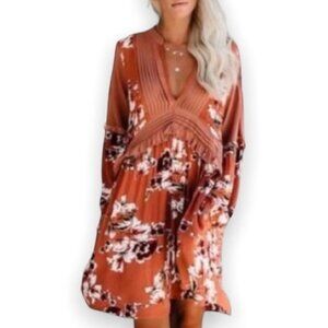 Vici ruffle floral long sleeve mini dress rust color size small